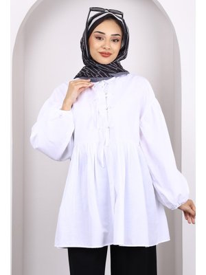 Ekru Kol Lastikli Ön Düğmeli Tunik Ekru Kol Lastikli Ön Düğmeli Tunik
