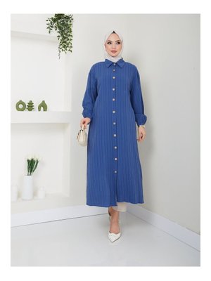 Mavi Maxi Boy Yırtmaçlı Viskon Tunik