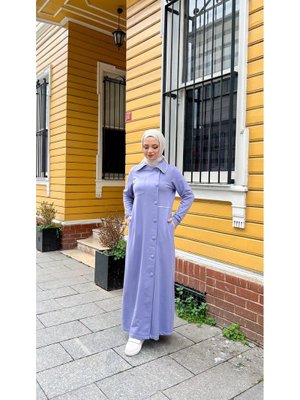 Lila Yakalı Cepli Yandan Düğmeli Pamuklu Uzun Ferace