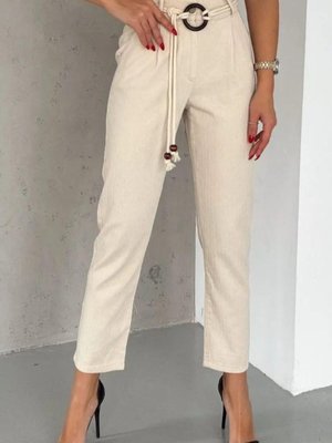 Bej Halka Tokalı Kemerli Yüksek Bel Yazlık Pantolon