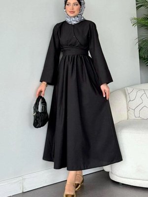 Siyah Keten Yan Çapraz Bağlamalı Elbise Siyah Keten Yan Çapraz Bağlamalı Elbise