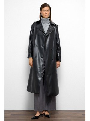 Siyah Apolet Detaylı Kruvaze Deri Trençkot