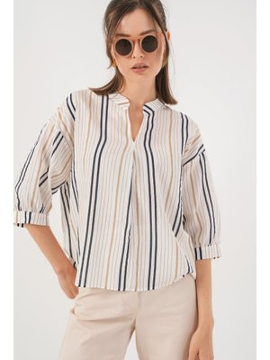 Bej Çizgili Oversize Bluz Bej Çizgili Oversize Bluz