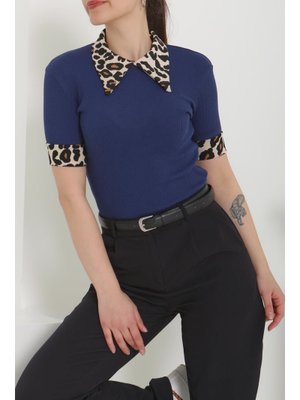 Lacivert Lacıvert Leopar Yakalı Crop Lacivert Lacıvert Leopar Yakalı Crop