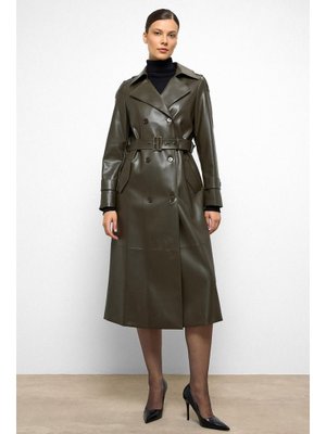 Haki Apolet Detaylı Kruvaze Deri Trençkot