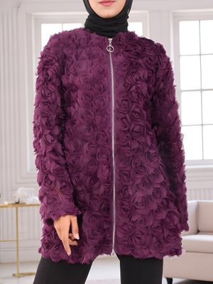 Mor Önü Fermuarlı Gül Detaylı Tül Kap