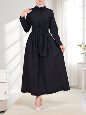 Siyah Çapraz Düğmeli Beli Bağlamalı Yaka Gömlek Elbise