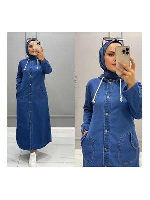 Kapüşonlu Düğmeli Denim Kot Kap Kapüşonlu Düğmeli Denim Kot Kap
