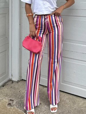 Renkli Çizgili Salaş Rahat Yüksek Bel Pantolon
