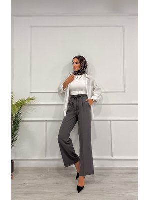 Dabıl Kemeri İp Detaylı Palazzo Pantolon Gri̇