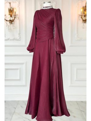 Bordo Nergis Abiye Elbise Bordo Nergis Abiye Elbise