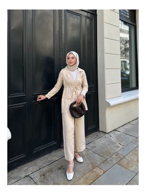 Bej Bel Büzgülü Keten Ceket Pantolon Takım