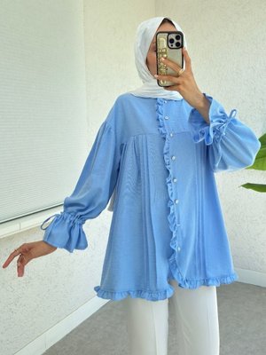 Mavi Kolları Bağcıklı Taşlı Düğmeli Modal Kumaş Gömlek