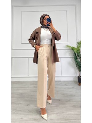 Taş Rengi Dabıl Pileli Palazzo Pantolon