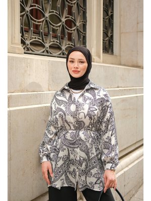 Beyaz Desenli Saten Gömlek