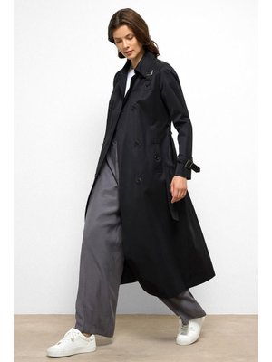 Siyah Kruvaze Gömlek Yaka Omuzu Kemer Aksesuarlı Su İtici Özellikli Trençkot
