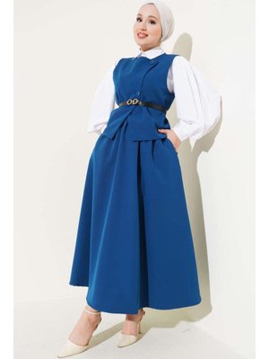 Lacivert Çapraz Düğmeli Kemerli Etekli İkili Takım