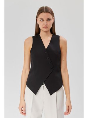 Siyah Regular V Yaka Düğmeli Yelek