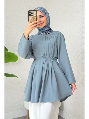 Berrak Mavi Nervür Detaylı Tunik