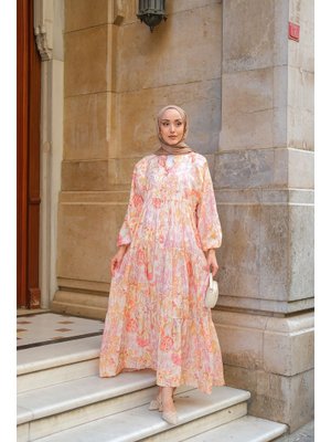 Pudra Sulu Boya Çicek Desenli Elbise Pudra Sulu Boya Çicek Desenli Elbise