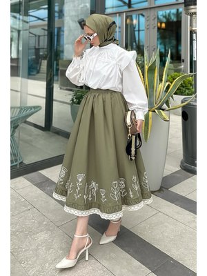 Haki Fisto Ve Nakış Detaylı Etek