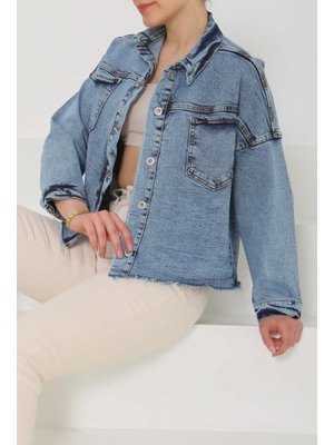 Mavi Mavı Oversize Püskül Detay Yaka Cep Kot Ceket