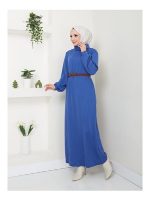 Mavi Kemerli Balıkçı Yaka Elbise