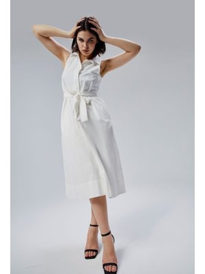 Ekru Regular Fit Kuşak Kemerli Elbise
