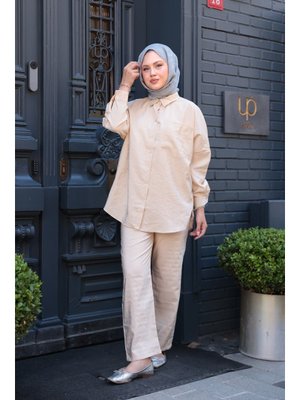 Krem Tek Cep Detay İkili Takım Krem Tek Cep Detay İkili Takım