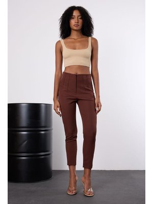 Kahverengi Yüksek Bel Dar Paça Dokuma Pantolon