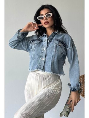 Buz Mavi Çift Cepli Demin Crop Ceket Buz Mavi Çift Cepli Demin Crop Ceket