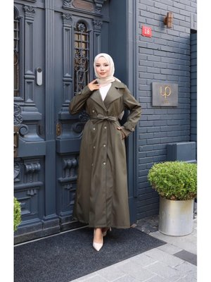 Kuşaklı Çift Düğmeli Astarlı Bondit Haki Trençkot