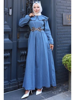 Mavi Leopar Biyeli Bebe Yaka Kot Elbise Mavi Leopar Biyeli Bebe Yaka Kot Elbise