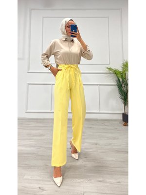 Sarı Dabıl Kemeri İp Detaylı Palazzo Pantolon