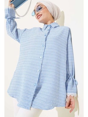 Mavi Çizgili Kolu Dantelli Gofre Gömlek Mavi Çizgili Kolu Dantelli Gofre Gömlek