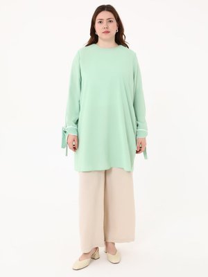 Büyük Beden Kol Ucu Detaylı Tunik Mint Yesili