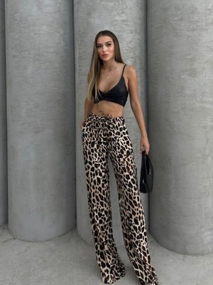 Bej Leopar Desenli Saten Pantolon