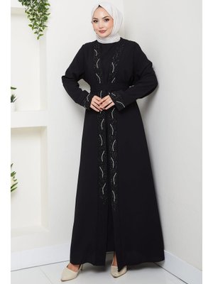 Siyah Kuşaklı Taş Detaylı Abaya Siyah Kuşaklı Taş Detaylı Abaya