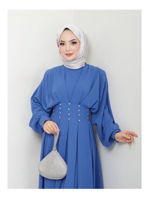 Mavi Balon Kol Pileli Taşlı Elbise