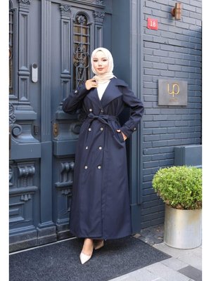 Kuşaklı Çift Düğmeli Astarlı Bondit Lacivert Trençkot