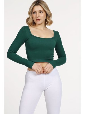 Seamless Straplez Uzun Kollu Fitilli Büstiyer Koyu Yeşil