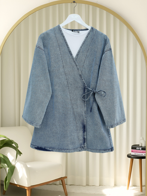 Açık Mavi Yandan Bağlamalı Kot Kimono
