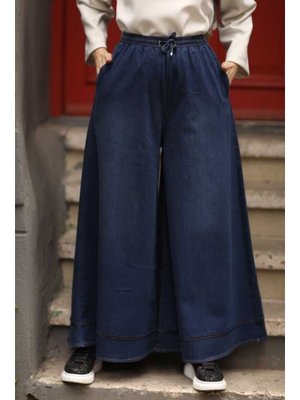 Koyu Mavi Denim Lastikli Bol Paça Pantolon Koyu Mavi Denim Lastikli Bol Paça Pantolon