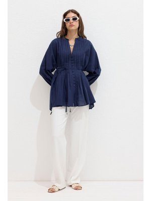 Lacivert Nervür Detaylı Vual Tunik