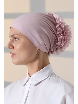 Pembe Fırfırlı Güpürlü Topuz Bone Pembe Fırfırlı Güpürlü Topuz Bone