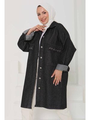 Füme Oversize Kuş Gözü Cepli Kot Ceket