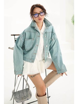 Mint Çift Cepli Crop Kot Ceket