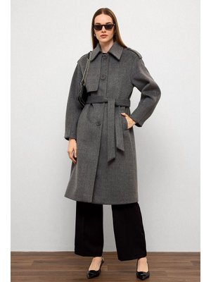 Gri Gömlek Yaka Punto Dikiş Detaylı Premium Kaban