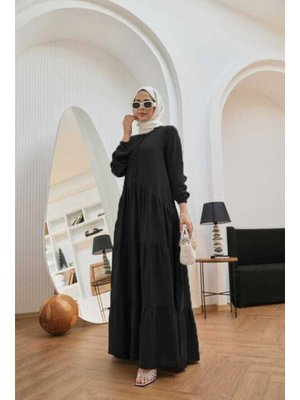 Siyah Parça Boya Tensel Britli Düğmeli Büzgülü Elbise