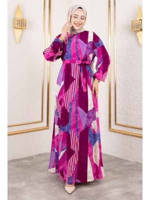 Fuşya Geometrik Desenli Beli Kuşaklı Viskon Elbise Fuşya Geometrik Desenli Beli Kuşaklı Viskon Elbise